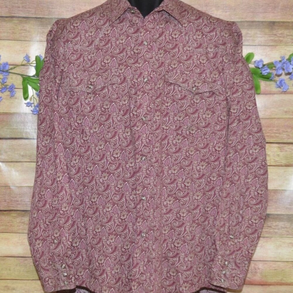 Roper Pearl Snap Dress Shirt Mens M Maroon Burgundy Paisley Print Cowboy Western